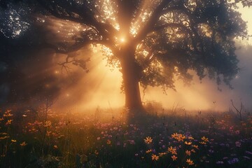 Misty woodland dawn with soft fog enveloping ancient oaks and scattered wildflowers a magical forest background exuding mystery and gentle light