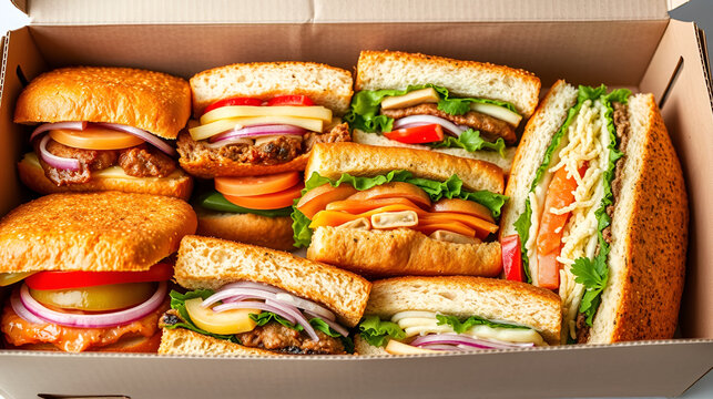 Explore a variety of mouth-watering sandwiches nestled in a cardboard box, showcasing a colorful array of tasty fillings ready to be enjoyed.