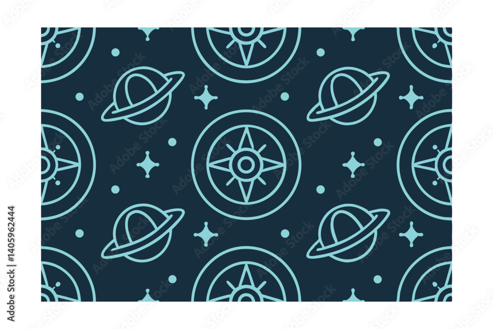 Poster seamless pattern featuring space elements like planets stars and circles in line art style for creat