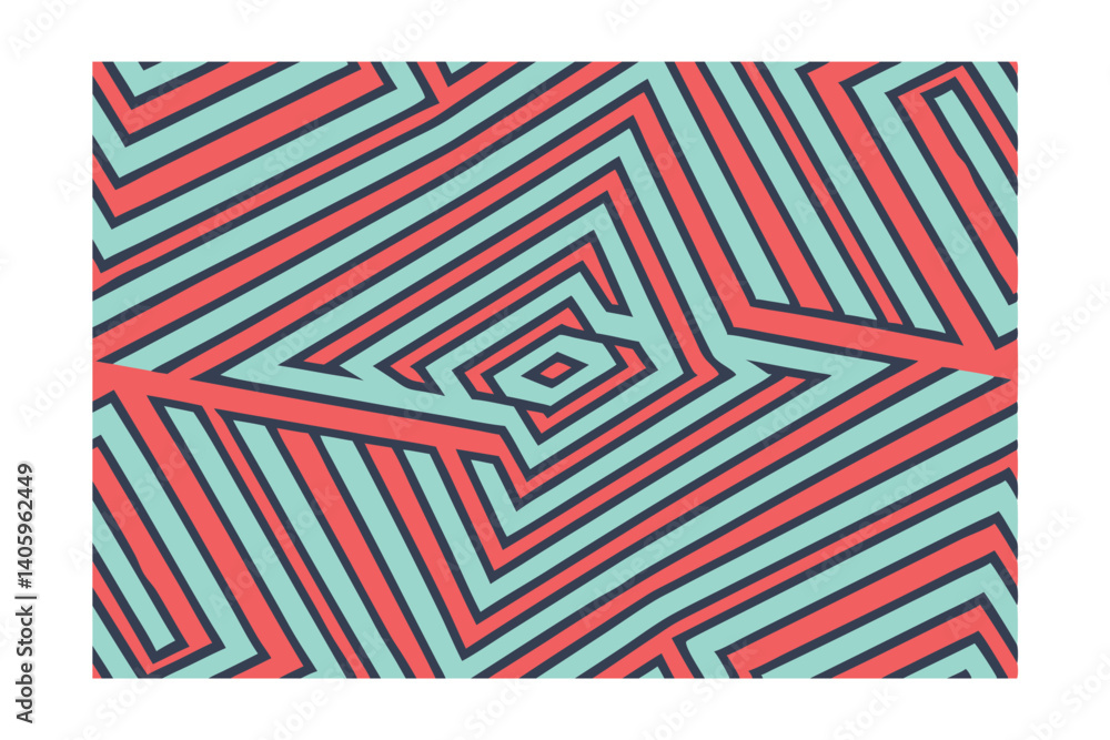 Poster abstract geometric pattern with concentric lines in coral and teal creates optical illusion with rho