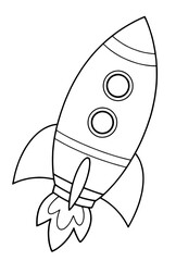 子供向け宇宙ロケットぬりえ — 白黒線画スタイルで描かれたシンプルで楽しいデザイン、未来、探検、想像力、宇宙の冒険を象徴する教育的なイラスト

