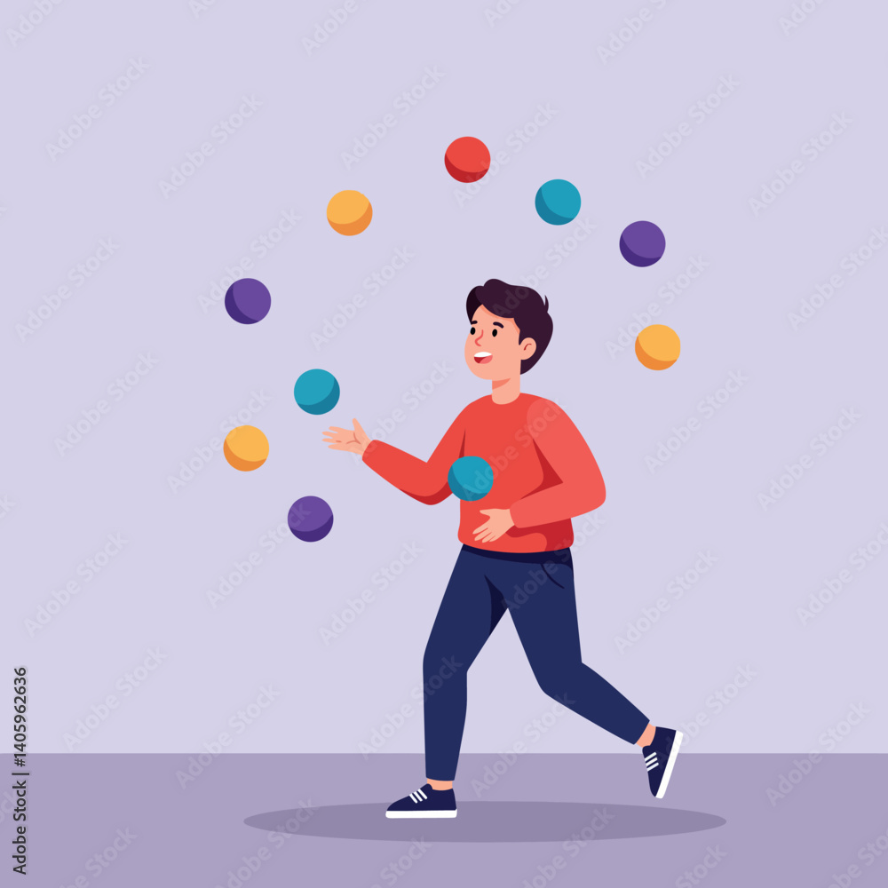 Poster a cheerful boy performing juggling with colorful balls in a flat, minimal design style, showcasing s