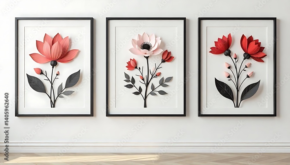 Fototapete set of three framed elegant floral posters in style paper cut. and posters have big black border fra