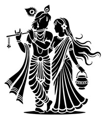 silhouette of Lord Krishna playing flute and Radha walking together, symbolizing divine love and spiritual connection, inspired by Hindu mythology and Indian culture
