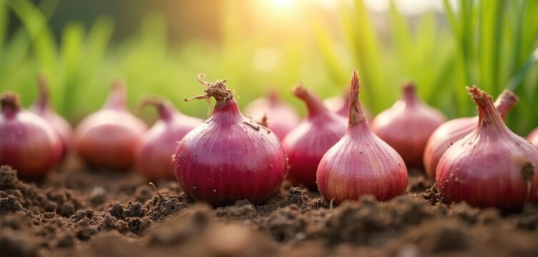 Close-up shot of ripe red onions in soil. Bulbs on organic farm in spring. Healthy fresh food with high vitamins. Eco-friendly production, agriculture, farming and vegetarian diet.