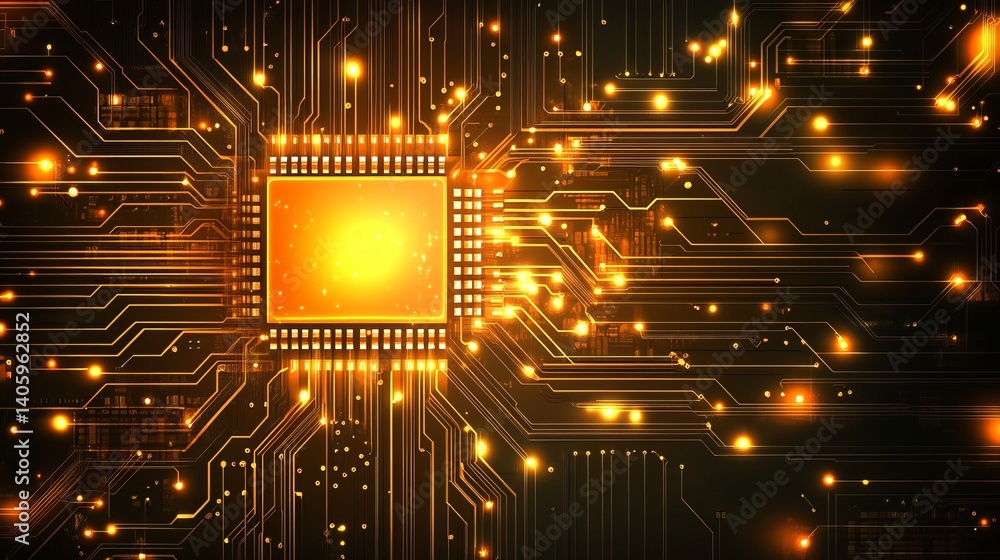 Poster detailed view of a glowing orange cpu with intricate circuit patterns and bright light spots around 
