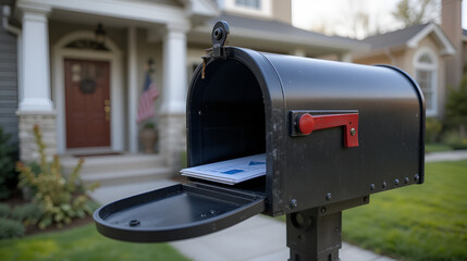 Mailbox with open lid and letters in front of a suburban home, showing daily mail delivery