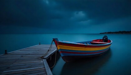 Naklejka premium colorful boat is sitting on a dock in the water. The boat is painted with bright colors, stripes created with generative ai.