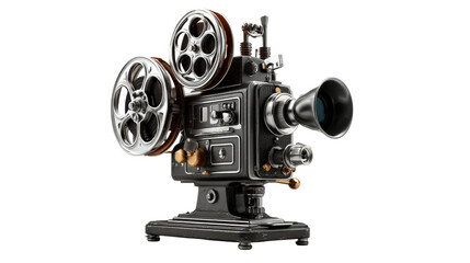 Vintage film projector with reels and detailed mechanisms
