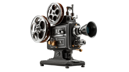 Vintage film projector with reels and detailed mechanisms