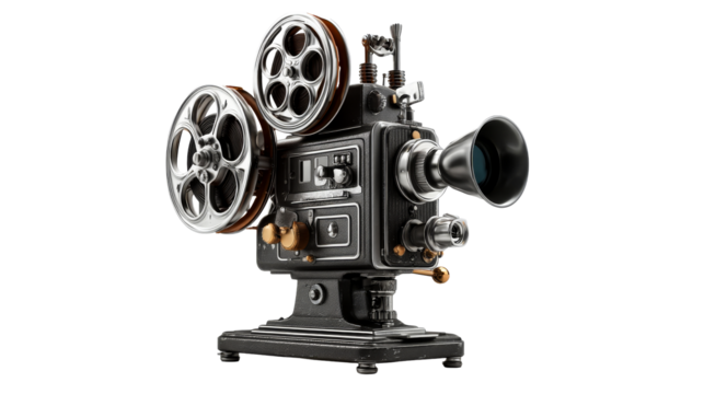 Vintage film projector with reels and detailed mechanisms