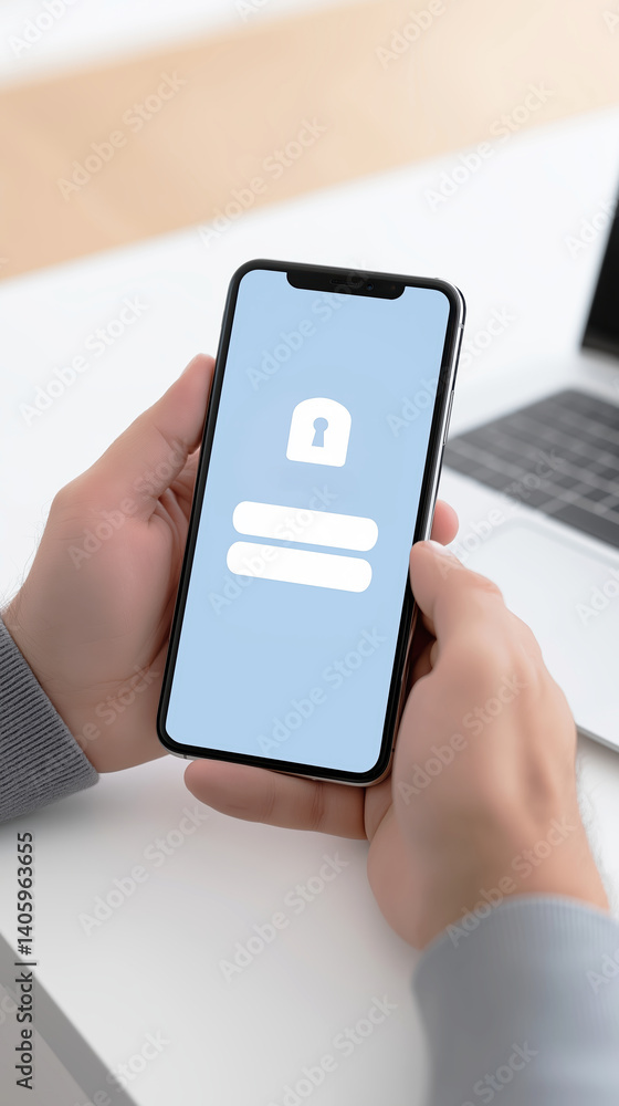 Poster mobile phone displaying a login screen with a padlock symbol, representing security and privacy in d