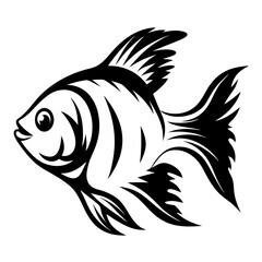 A stylized black and white illustration of a tropical fish with flowing fins and detailed scales