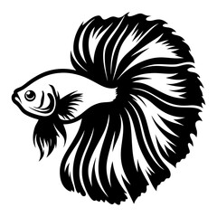A Stunning Black and White Illustration of a Siamese Fighting Fish with Flowing Fins