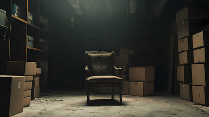 A single worn-out chair in a dimly lit basement filled with dusty storage boxes, evoking a sense of abandonment, mystery, loneliness. Echoed Testimony. Illustration