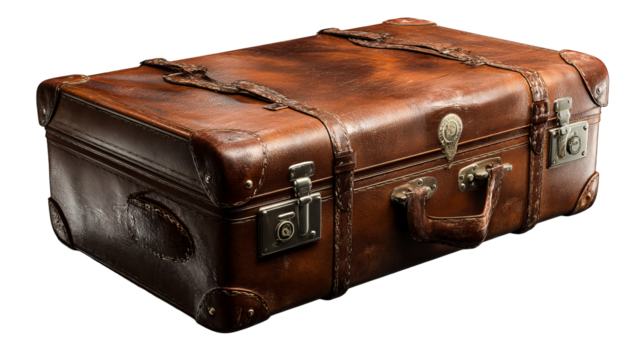 Vintage leather suitcase with brass fittings on transparent background