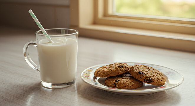 Cozy breakfast scene featuring milk with cookies next to window light - Powered by Adobe