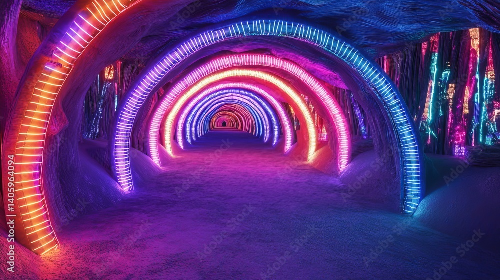 Poster illuminated tunnel with colorful arches creating a vibrant and enchanting pathway through a cave lik