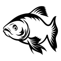 A stylized black and white illustration of a fish swimming gracefully