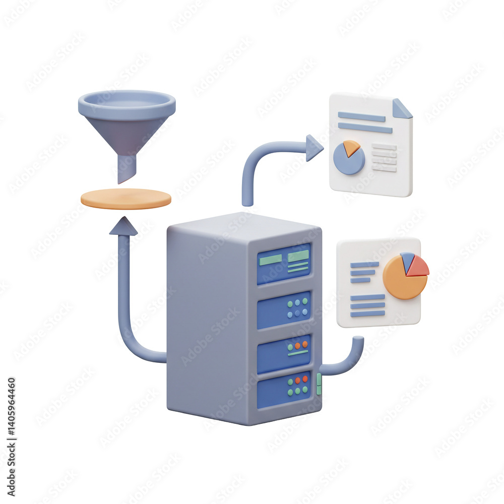 Poster 3d illustration data filtering through server producing chart report for analysis illustration