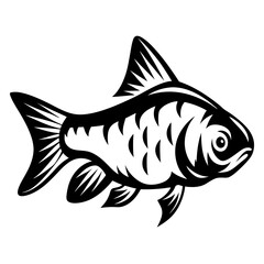 A stylized black and white illustration of a fish with bold lines and intricate details showing its scales and fins