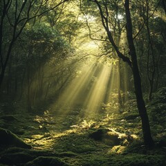 Obraz premium March International Day of Forests Canopy Sunlight Sunlight filtering through dense forest canopy dappled greengold lighting ultrawide aspect ratio hyperrealistic moss textures tranquil mood Image