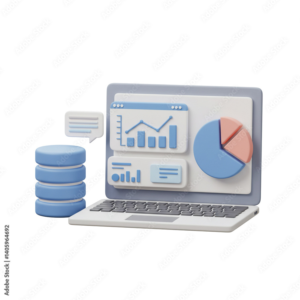 Poster 3d illustration analyzing data with laptop pie chart and database illustration concept