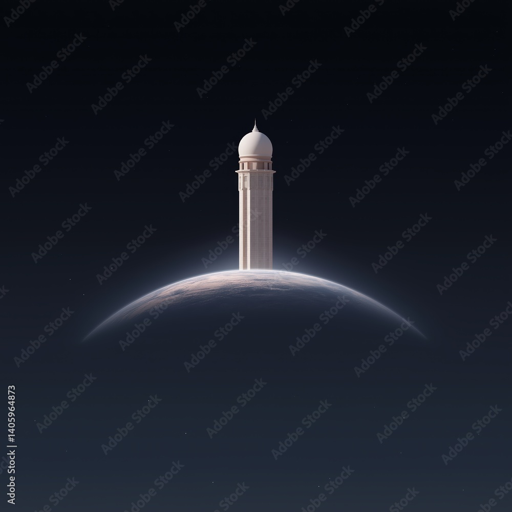 Poster tower rising above a planet in a dark cosmic space, showcasing a unique architectural design and cel