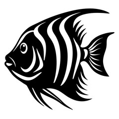 Striped Angelfish Aquatic Life Black and White Illustration Tropical Fish Ocean Animal Silhouette