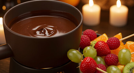 Decadent chocolate fondue with assorted fresh fruits on skewers