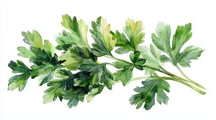 Vibrant Watercolor Painting of Fresh Parsley Sprig