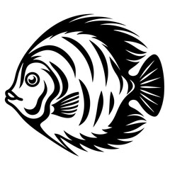 A stylized black and white illustration of an angelfish a tropical freshwater fish with striking patterns