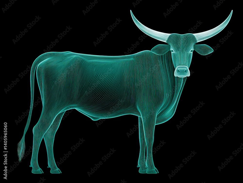 Aufkleber wireframe bull formed of glowing lines and digital wire intersections standing firmly on black surfa