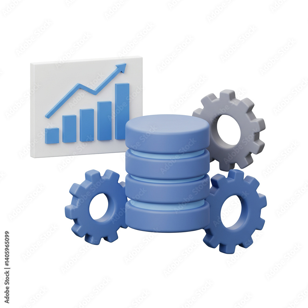 Aufkleber 3d illustration database management system with growth chart and gears on transparent background