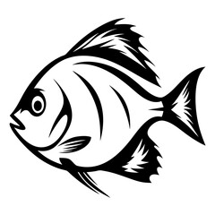 A stylized black and white illustration of a fish with detailed fins and scales