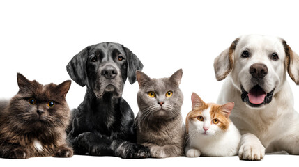 Group of pets relaxing together on a transparent background