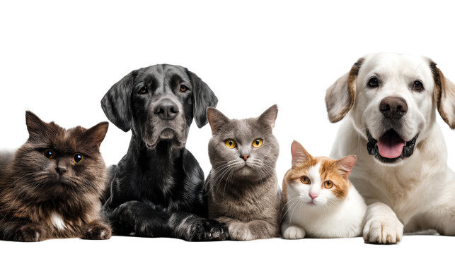 Group of pets relaxing together on a transparent background