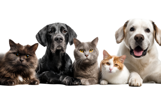Group of pets relaxing together on a transparent background - Powered by Adobe