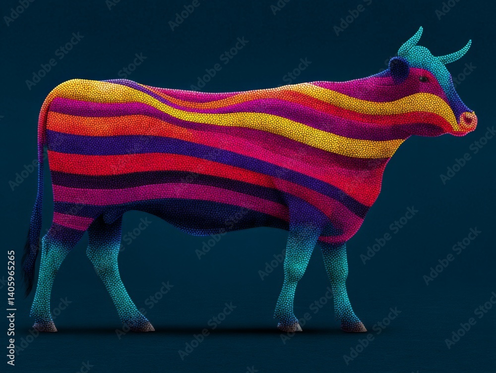 Aufkleber rainbow colored bull with multicolor fur patterns standing on black background lit with high contras
