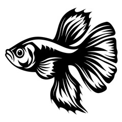 Stunning Black and White Illustration of a Betta Fish Tail Fin Aquatic Animal Design