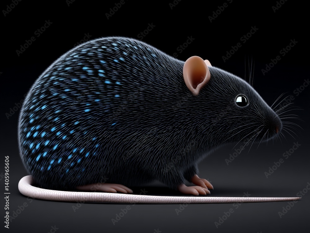 Poster glossy black mouse with textured blue speckles on smooth surface with soft overhead lighting showing