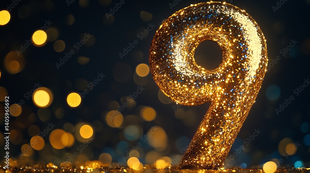 Poster a sparkling golden nine against a dark background with bokeh lights in the background glow softly