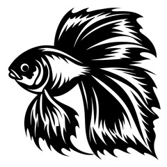 A Stunning Black and White Illustration of a Betta Fish with Flowing Fins