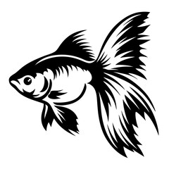 A stylized black and white illustration of a goldfish with flowing fins