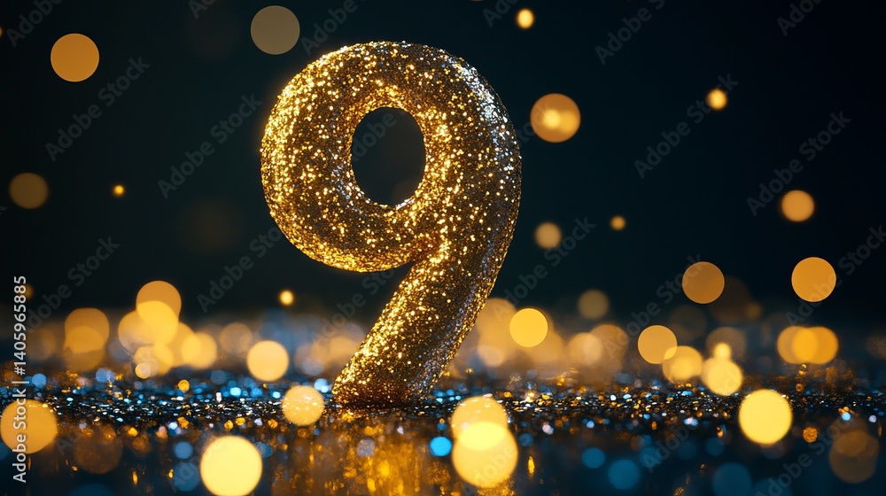 Poster a golden number nine glittering against a dark background with bokeh lights and confetti scattered a