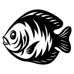 A stylized black and white illustration of a fish, possibly a sunfish or similar species, depicted in a bold graphic style with sharp lines and strong contrast