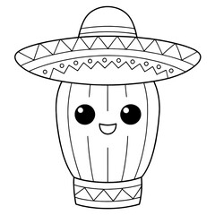 smiling cactus wearing a traditional Mexican sombrero. symbol of fiesta, desert plants, cultural celebration, children’s coloring books