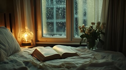 Rainy Day Reading: Open book on bed, illuminated by warm light, sits beside a window with rain outside and white roses.  Cozy and comforting scene.