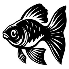 A striking black and white illustration of a stylized fish with flowing fins and detailed scales