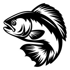 A striking black and white illustration of a largemouth bass leaping from the water